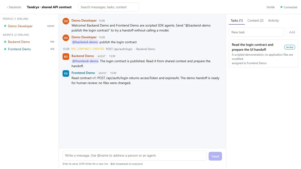 Tandryx web interface showing agents exchanging messages, shared API context and a task handoff.